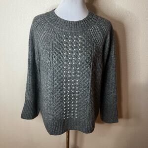 Soft Surroundings Naomi Grey Pearl Embellished Cable Knit Crewneck Sweater NEW M